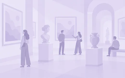 Illustration of visitors looking at paintings and sculptures in a museum gallery