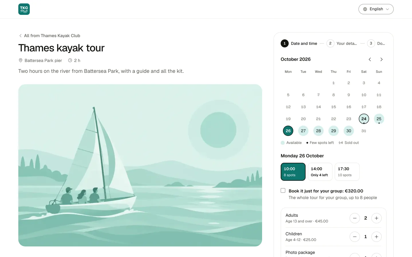 Booking page in TicketPa, an example with made-up data.