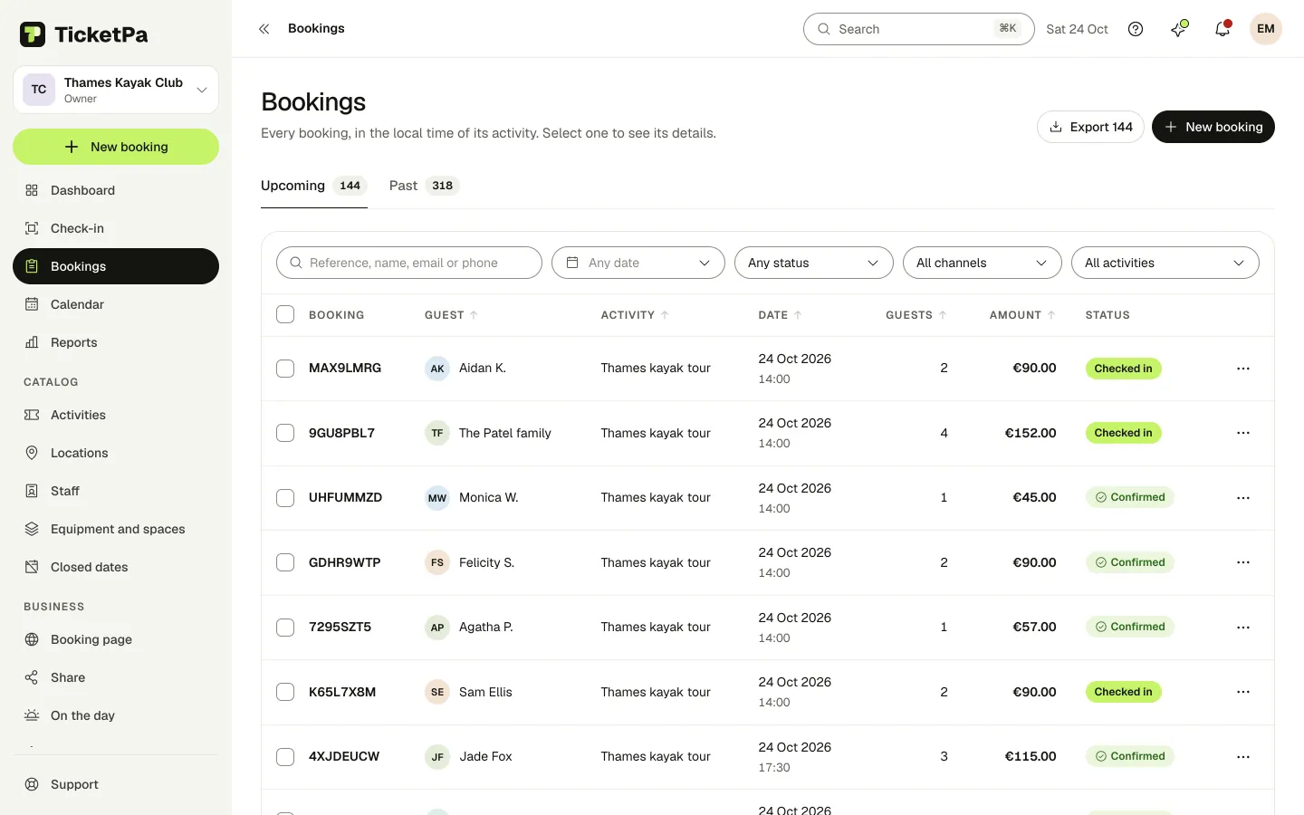 Bookings in TicketPa, an example with made-up data.
