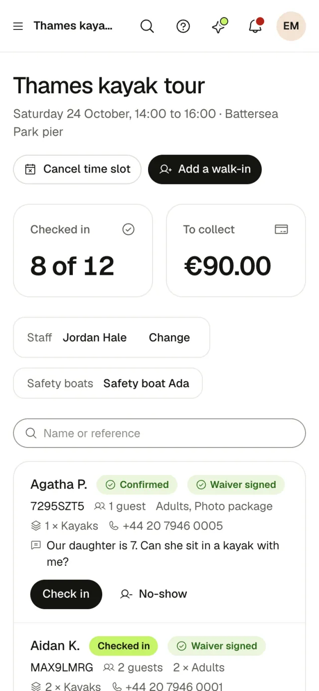 Check-in in TicketPa, an example with made-up data.